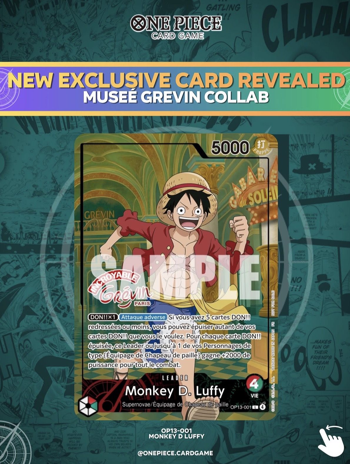Carte promo Monkey D. Luffy OP13-001, collaboration Musée Grévin × One Piece Card Game