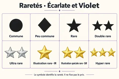 Les huit symboles de rareté de la série Écarlate et Violet, de commune à hyper rare