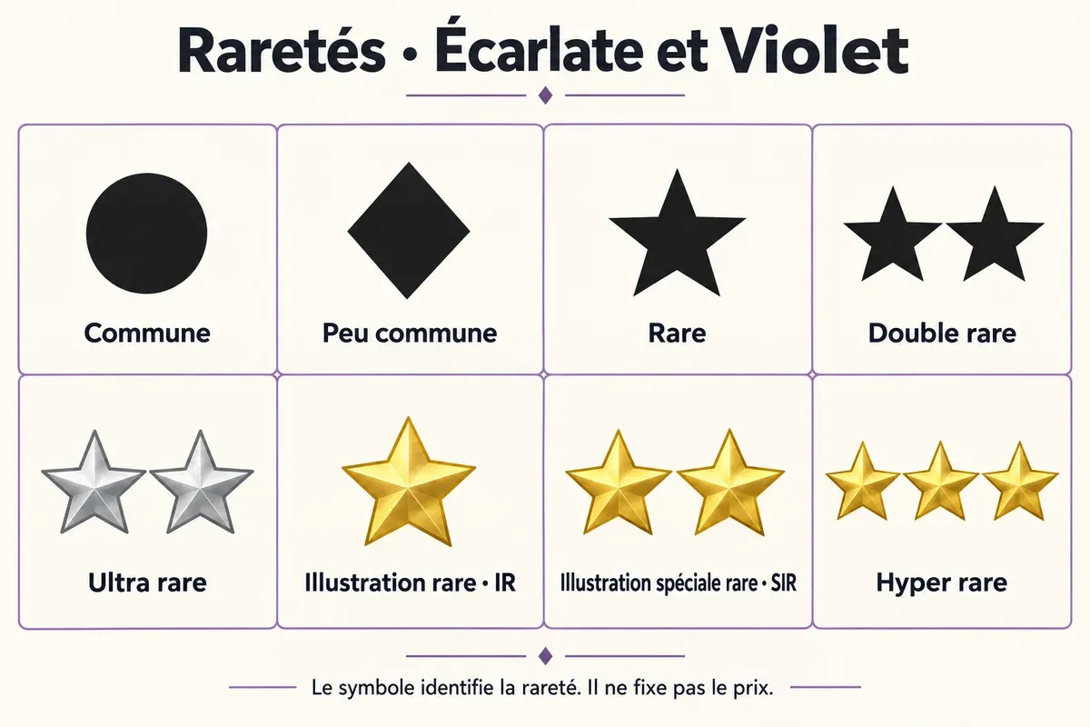 Les huit symboles de rareté de la série Écarlate et Violet, de commune à hyper rare